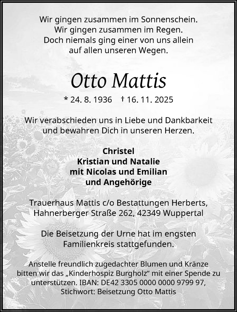  Traueranzeige für Otto Mattis vom 06.12.2025 aus trauer.wuppertaler-rundschau.de