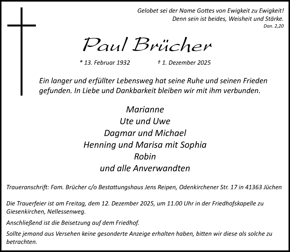  Traueranzeige für Paul Brücher vom 06.12.2025 aus trauer.stadt-kurier.de