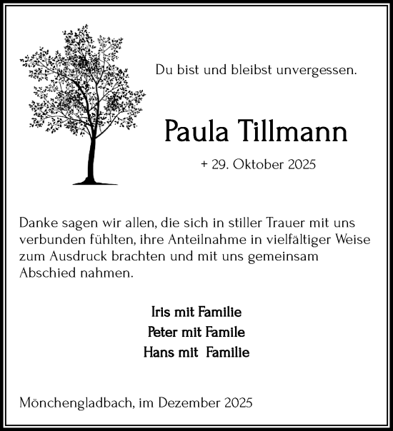 Traueranzeige von Paula Tillmann von trauer.panorama-anzeigenblatt.de
