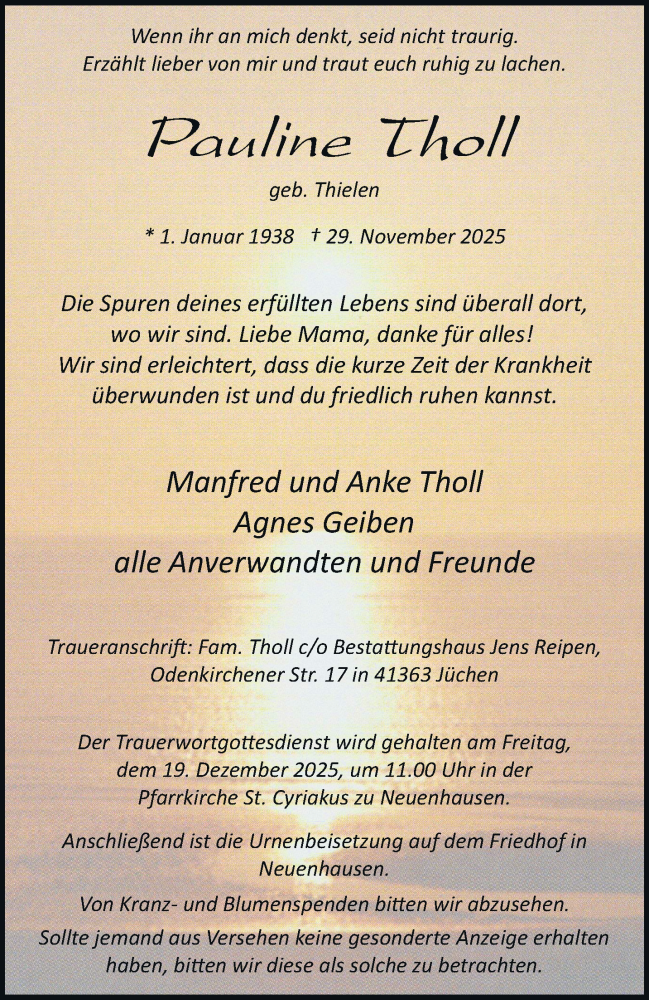  Traueranzeige für Pauline Tholl vom 06.12.2025 aus trauer.stadt-kurier.de