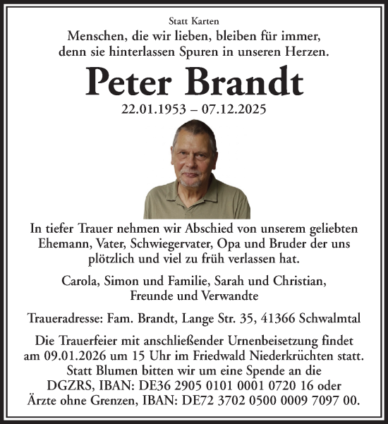 Traueranzeige von Peter Brandt von trauer.panorama-anzeigenblatt.de