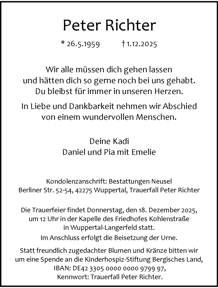  Traueranzeige für Peter Richter vom 06.12.2025 aus trauer.wuppertaler-rundschau.de