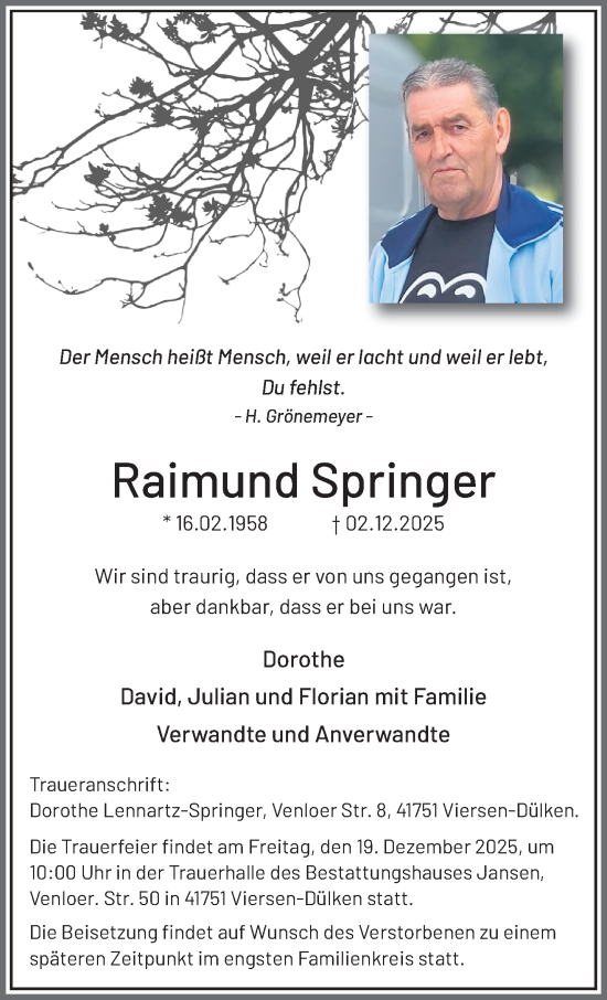 Traueranzeige von Raimund Springer von trauer.panorama-anzeigenblatt.de