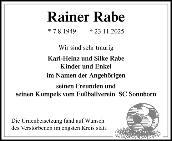 Traueranzeige von Rainer Rabe von trauer.wuppertaler-rundschau.de