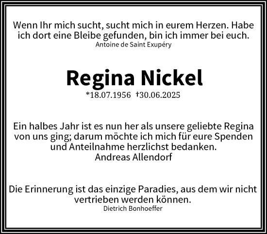 Traueranzeige von Regina Nickel von trauer.wuppertaler-rundschau.de