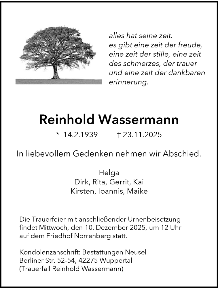  Traueranzeige für Reinhold Wassermann vom 06.12.2025 aus trauer.wuppertaler-rundschau.de