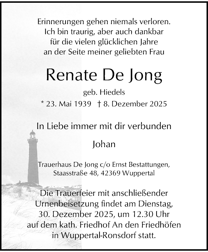  Traueranzeige für Renate De Jong vom 20.12.2025 aus trauer.wuppertaler-rundschau.de