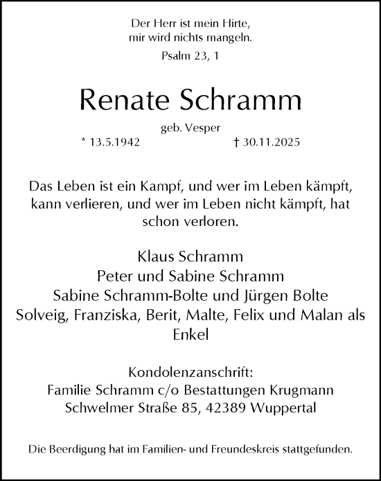 Traueranzeige von Renate Schramm von trauer.wuppertaler-rundschau.de