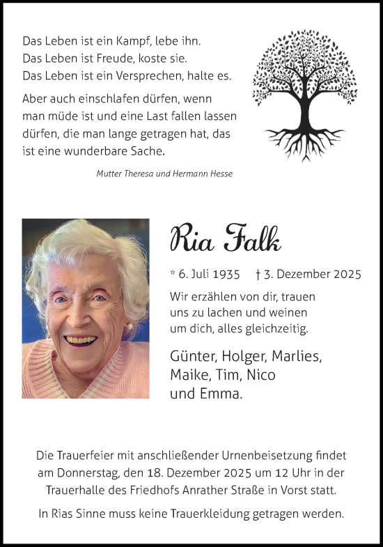 Traueranzeige von Ria Falk von trauer.panorama-anzeigenblatt.de