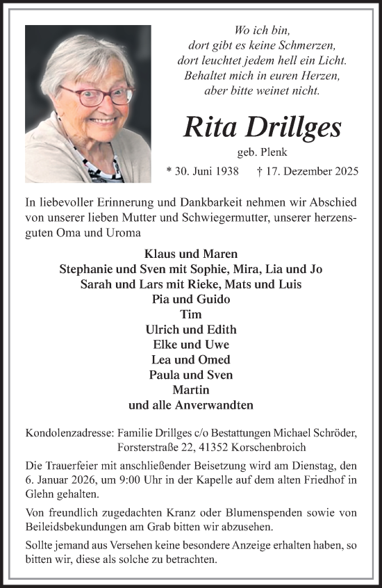 Traueranzeige von Rita Drillges von trauer.panorama-anzeigenblatt.de