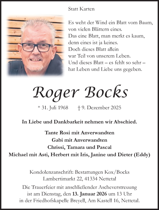 Traueranzeige von Roger Bocks von trauer.panorama-anzeigenblatt.de