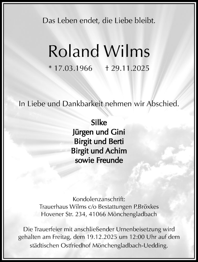  Traueranzeige für Roland Wilms vom 07.12.2025 aus trauer.panorama-anzeigenblatt.de