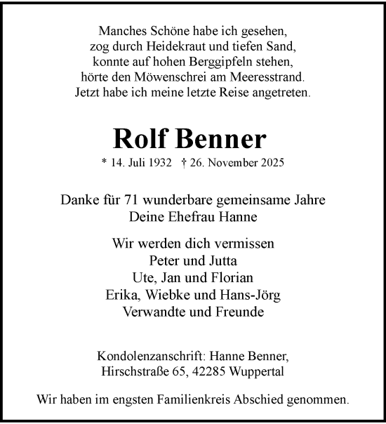 Traueranzeige von Rolf Benner von trauer.wuppertaler-rundschau.de