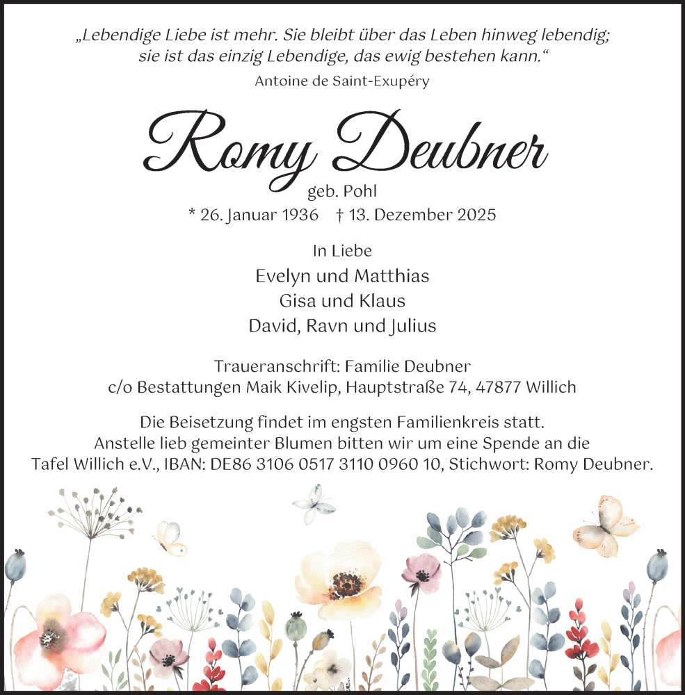  Traueranzeige für Romy Deubner vom 21.12.2025 aus trauer.panorama-anzeigenblatt.de