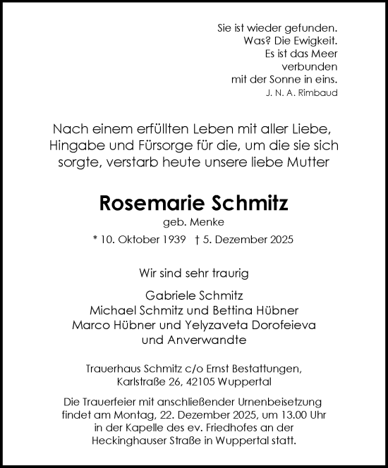 Traueranzeige von Rosemarie Schmitz von trauer.wuppertaler-rundschau.de
