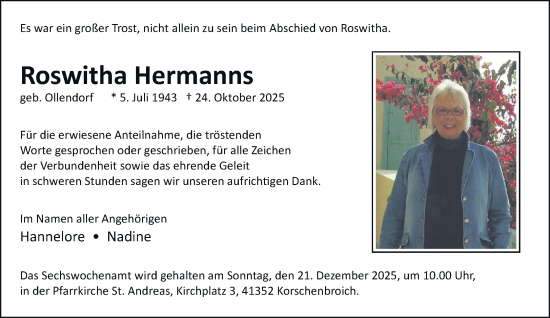 Traueranzeige von Roswitha Hermanns von trauer.panorama-anzeigenblatt.de