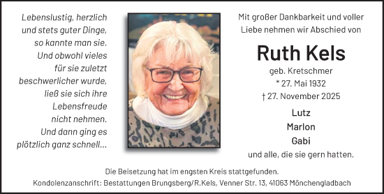 Traueranzeige von Ruth Kels von trauer.panorama-anzeigenblatt.de