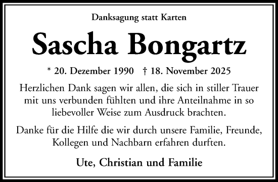 Traueranzeige von Sascha Bongartz von trauer.panorama-anzeigenblatt.de