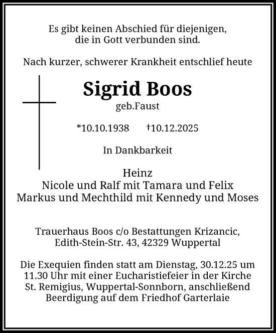 Traueranzeige von Sigrid Boos von trauer.wuppertaler-rundschau.de