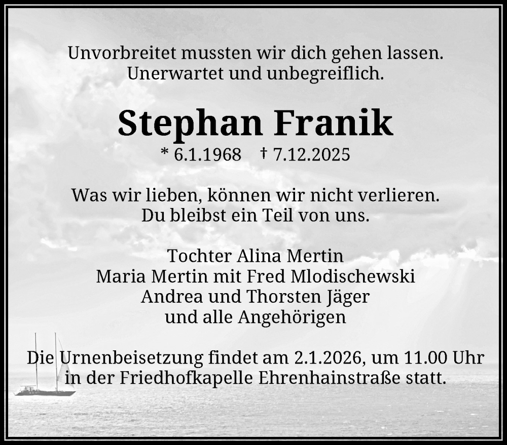  Traueranzeige für Stephan Franik vom 27.12.2025 aus trauer.wuppertaler-rundschau.de