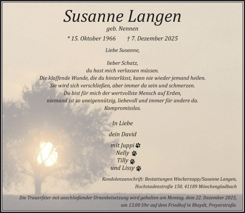  Traueranzeige für Susanne Langen vom 14.12.2025 aus trauer.panorama-anzeigenblatt.de