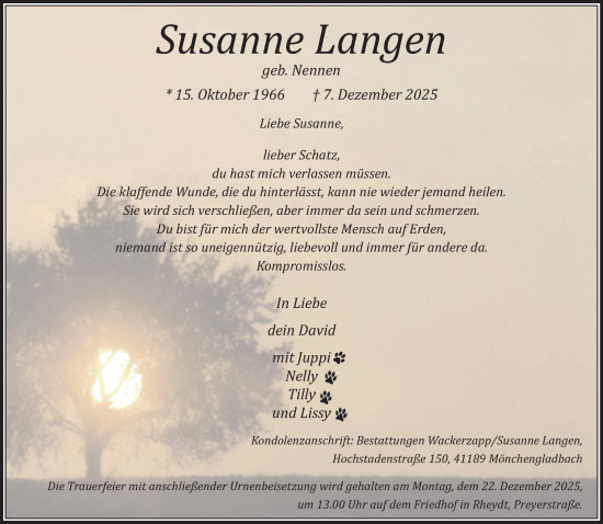 Traueranzeige von Susanne Langen von trauer.panorama-anzeigenblatt.de