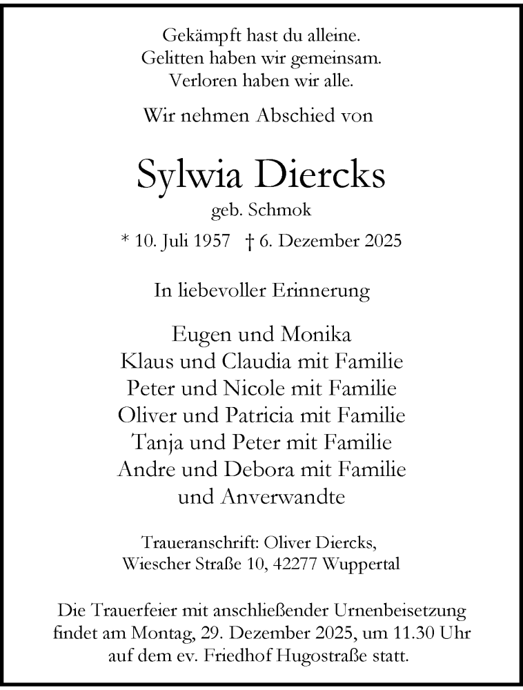  Traueranzeige für Sylwia Diercks vom 20.12.2025 aus trauer.wuppertaler-rundschau.de
