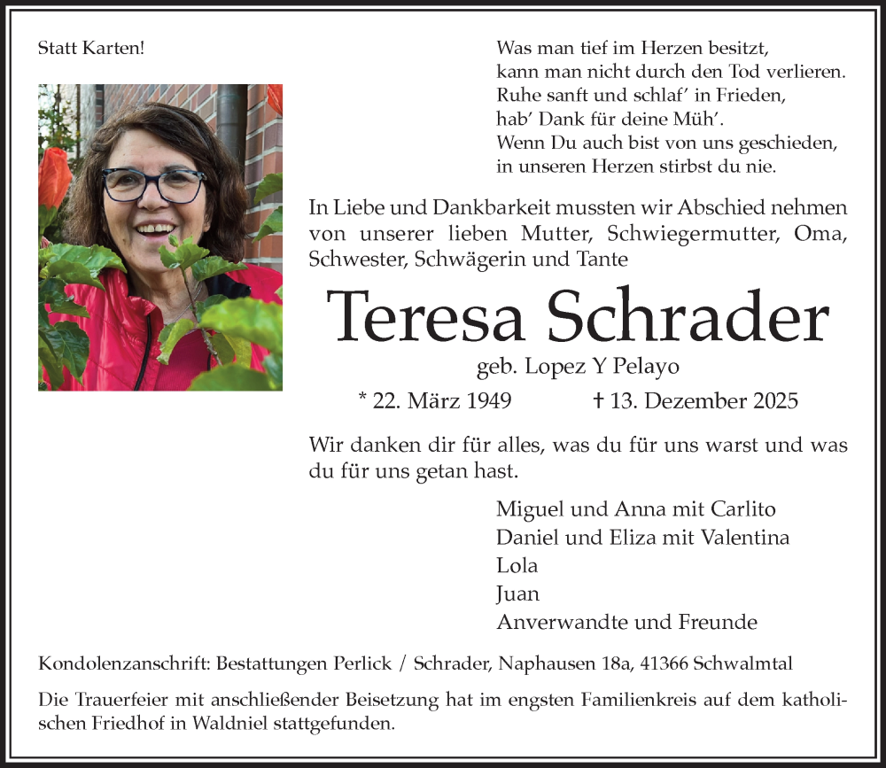  Traueranzeige für Teresa Schrader vom 21.12.2025 aus trauer.panorama-anzeigenblatt.de