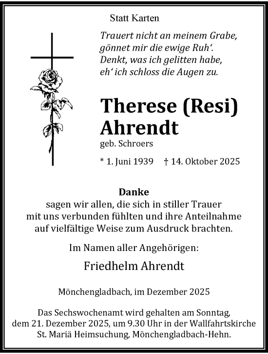 Traueranzeige von Therese Ahrendt von trauer.panorama-anzeigenblatt.de