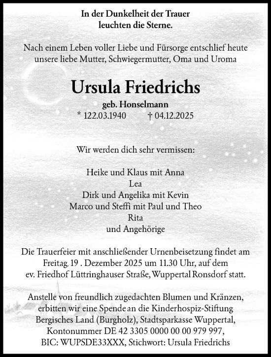 Traueranzeige von Ursula Friedrichs von trauer.wuppertaler-rundschau.de