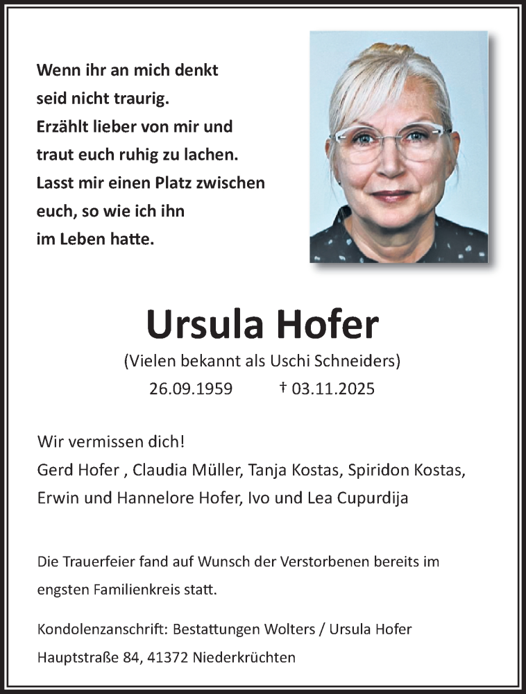 Traueranzeige für Ursula Hofer vom 14.12.2025 aus trauer.panorama-anzeigenblatt.de