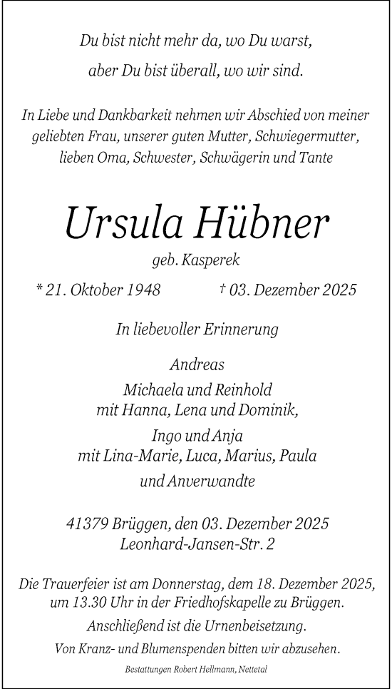 Traueranzeige von Ursula Hübner von trauer.panorama-anzeigenblatt.de