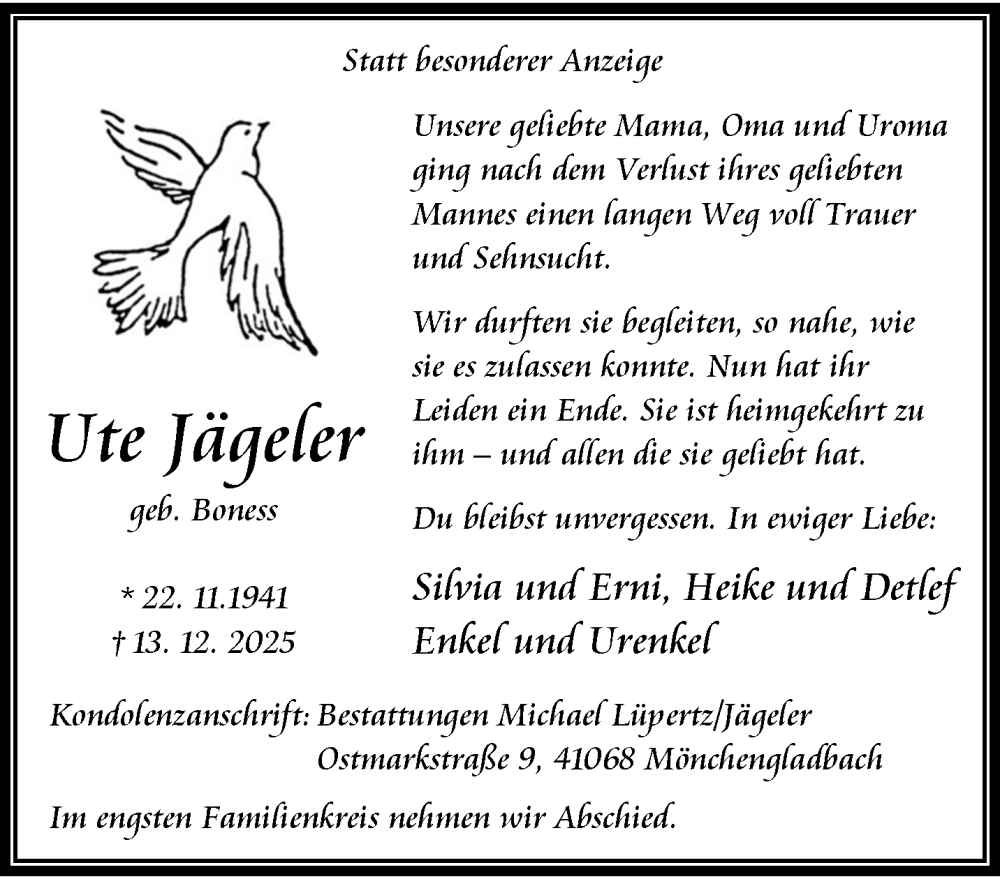 Traueranzeige für Ute Jägeler vom 21.12.2025 aus trauer.panorama-anzeigenblatt.de
