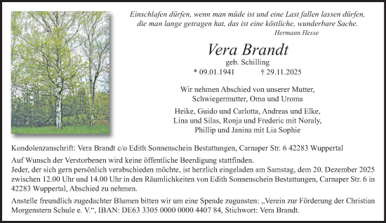 Traueranzeige von Vera Brandt von trauer.wuppertaler-rundschau.de