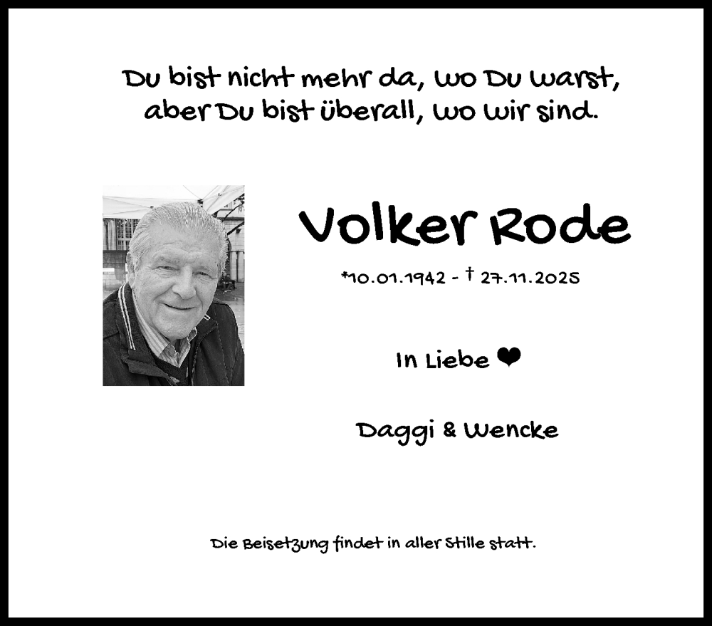  Traueranzeige für Volker Rode vom 06.12.2025 aus trauer.wuppertaler-rundschau.de
