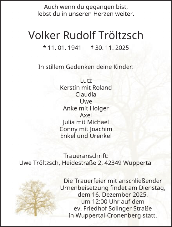 Traueranzeige von Volker Rudolf Tröltzsch von trauer.wuppertaler-rundschau.de