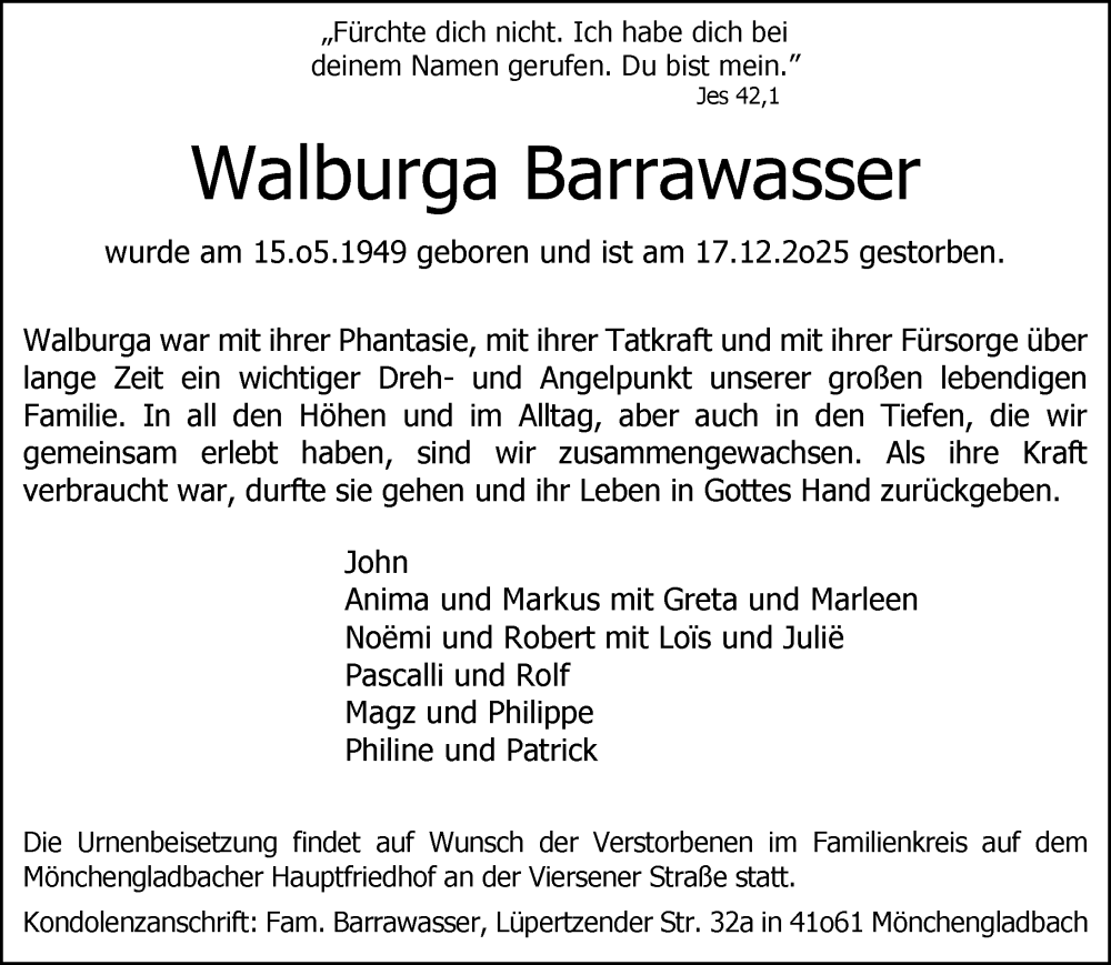  Traueranzeige für Walburga Barrawasser vom 28.12.2025 aus trauer.panorama-anzeigenblatt.de