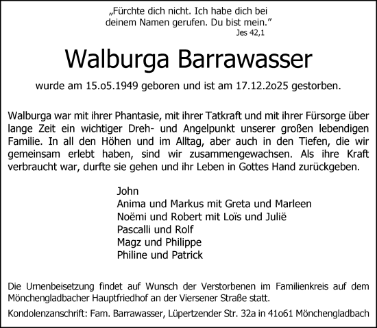 Traueranzeige von Walburga Barrawasser von trauer.panorama-anzeigenblatt.de