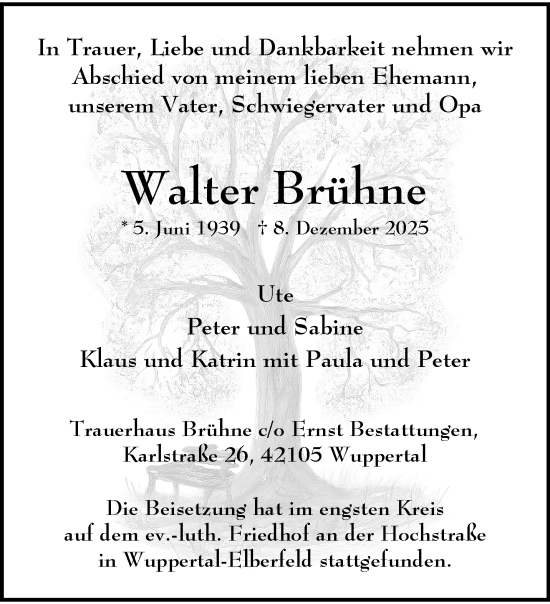 Traueranzeige von Walter Brühne von trauer.wuppertaler-rundschau.de