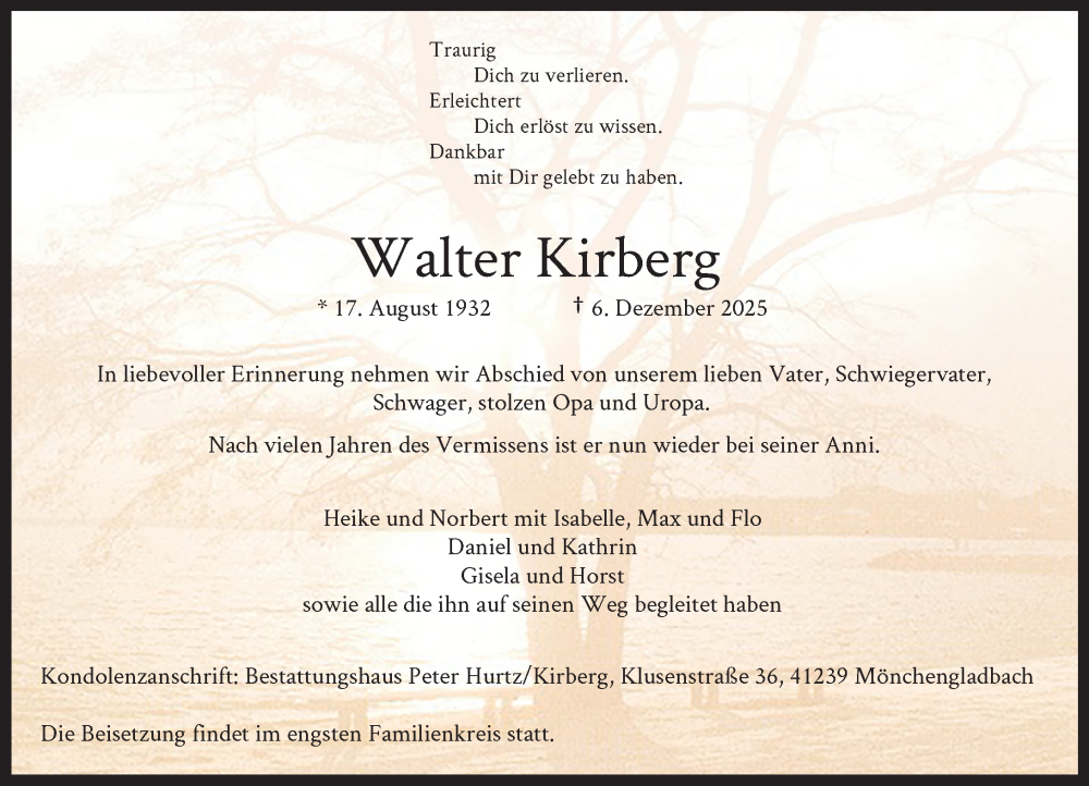  Traueranzeige für Walter Kirberg vom 14.12.2025 aus trauer.panorama-anzeigenblatt.de