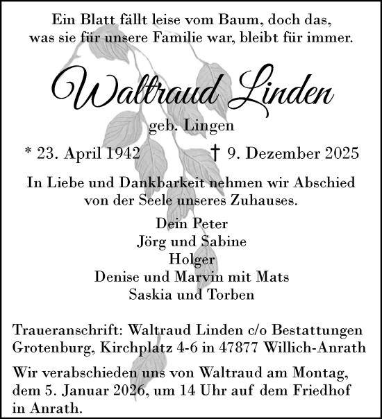 Traueranzeige von Waltraud Linden von trauer.panorama-anzeigenblatt.de
