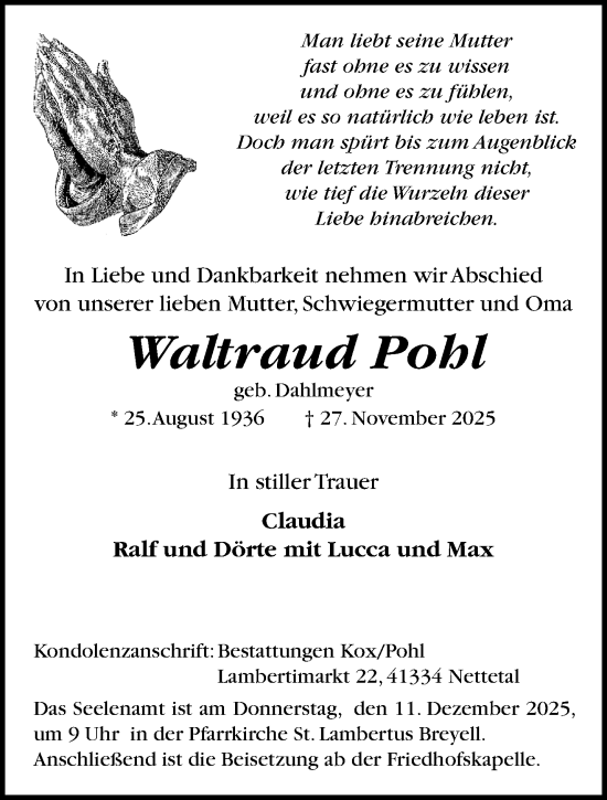 Traueranzeige von Waltraud Pohl von trauer.panorama-anzeigenblatt.de