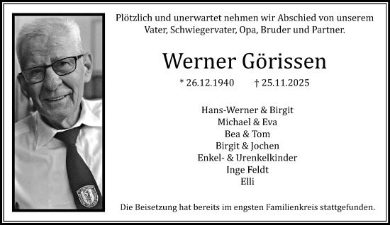 Traueranzeige von Werner Görissen von trauer.panorama-anzeigenblatt.de