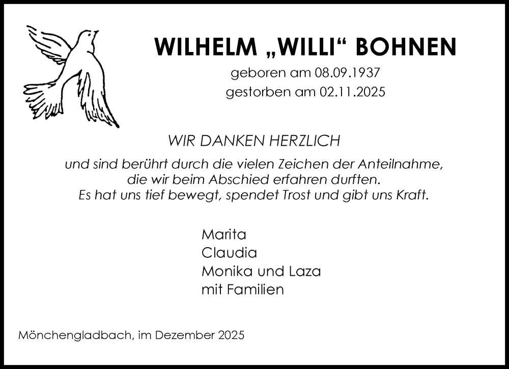  Traueranzeige für Wilhelm Bohnen vom 14.12.2025 aus trauer.panorama-anzeigenblatt.de