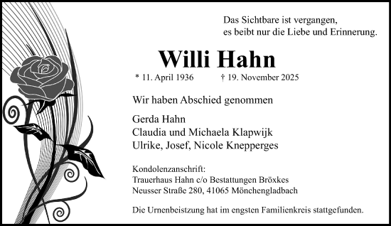Traueranzeige von Willi Hahn von trauer.panorama-anzeigenblatt.de