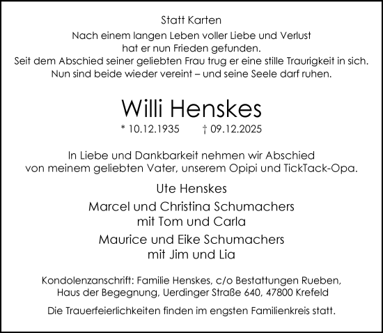 Traueranzeige von Willi Henskes von trauer.panorama-anzeigenblatt.de