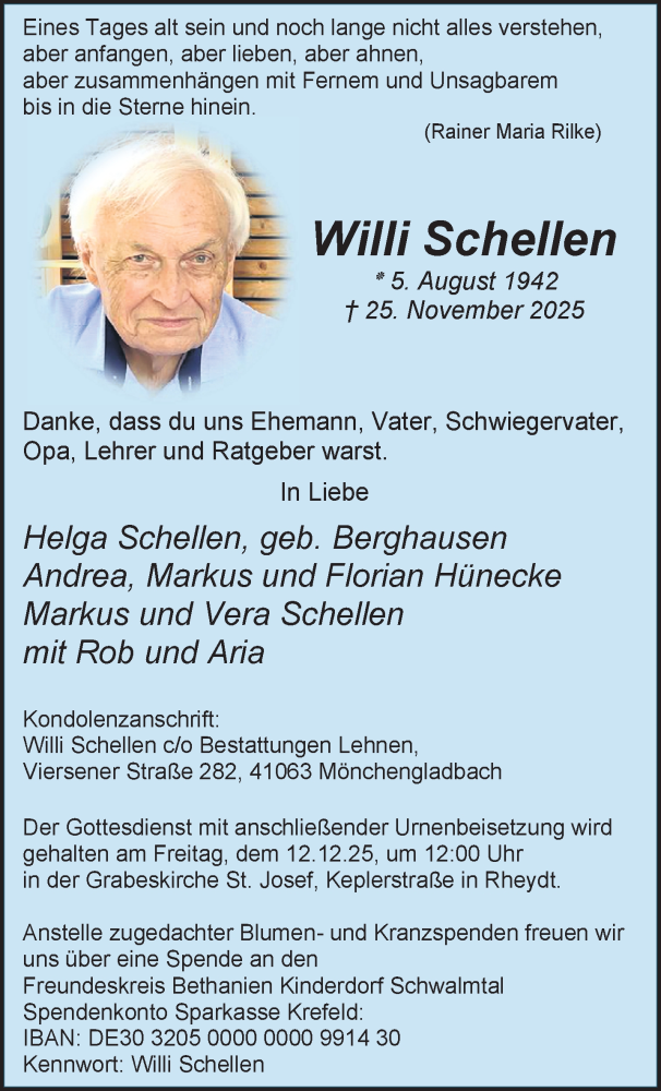  Traueranzeige für Willi Schellen vom 07.12.2025 aus trauer.panorama-anzeigenblatt.de