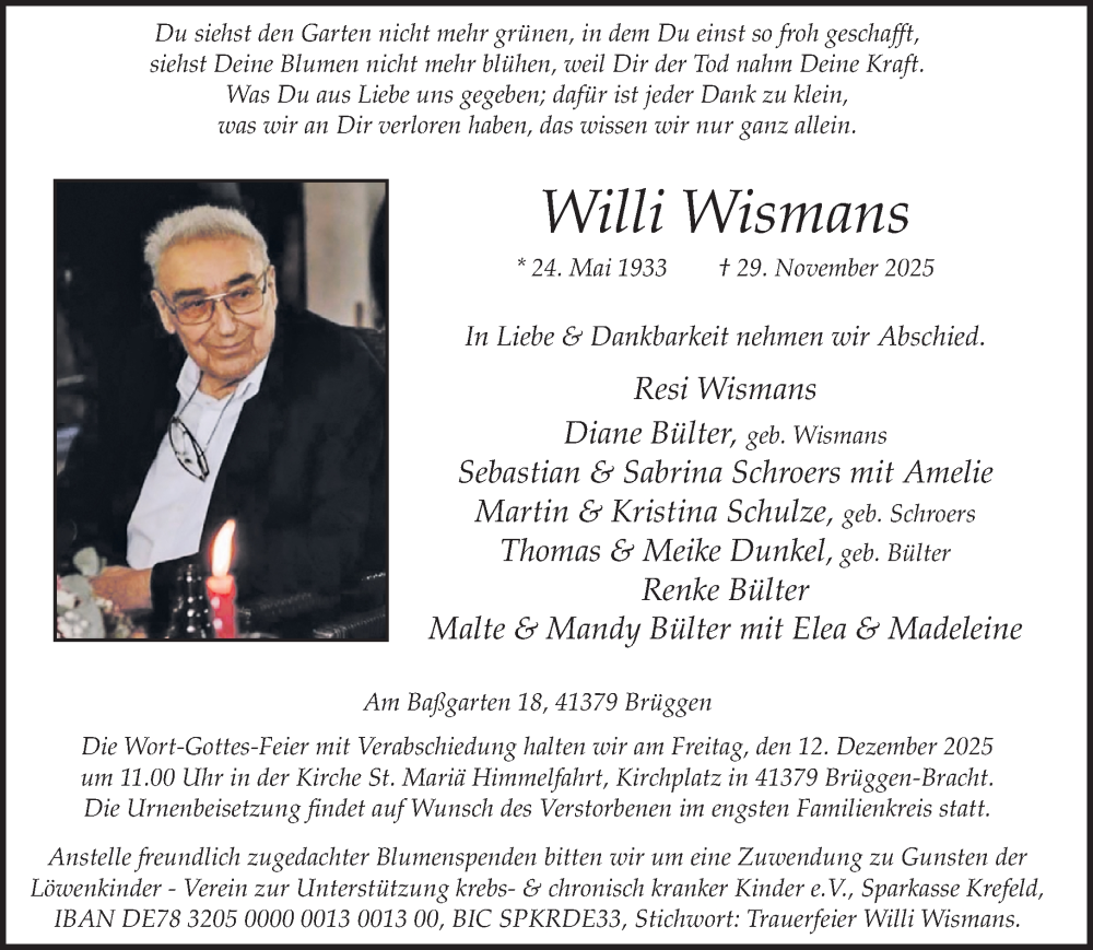  Traueranzeige für Willi Wismans vom 07.12.2025 aus trauer.panorama-anzeigenblatt.de
