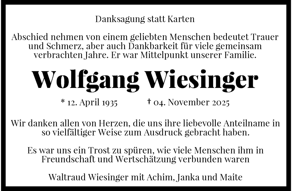  Traueranzeige für Wolfgang Wiesinger vom 14.12.2025 aus trauer.panorama-anzeigenblatt.de