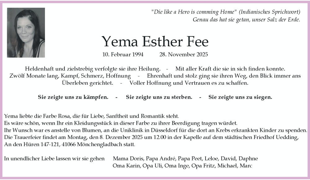  Traueranzeige für Yema Esther Fee vom 07.12.2025 aus trauer.panorama-anzeigenblatt.de